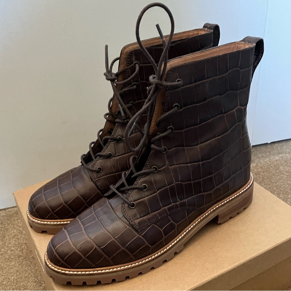 Madewell Clair Lace-Up Boot in Croc Embossed Leather